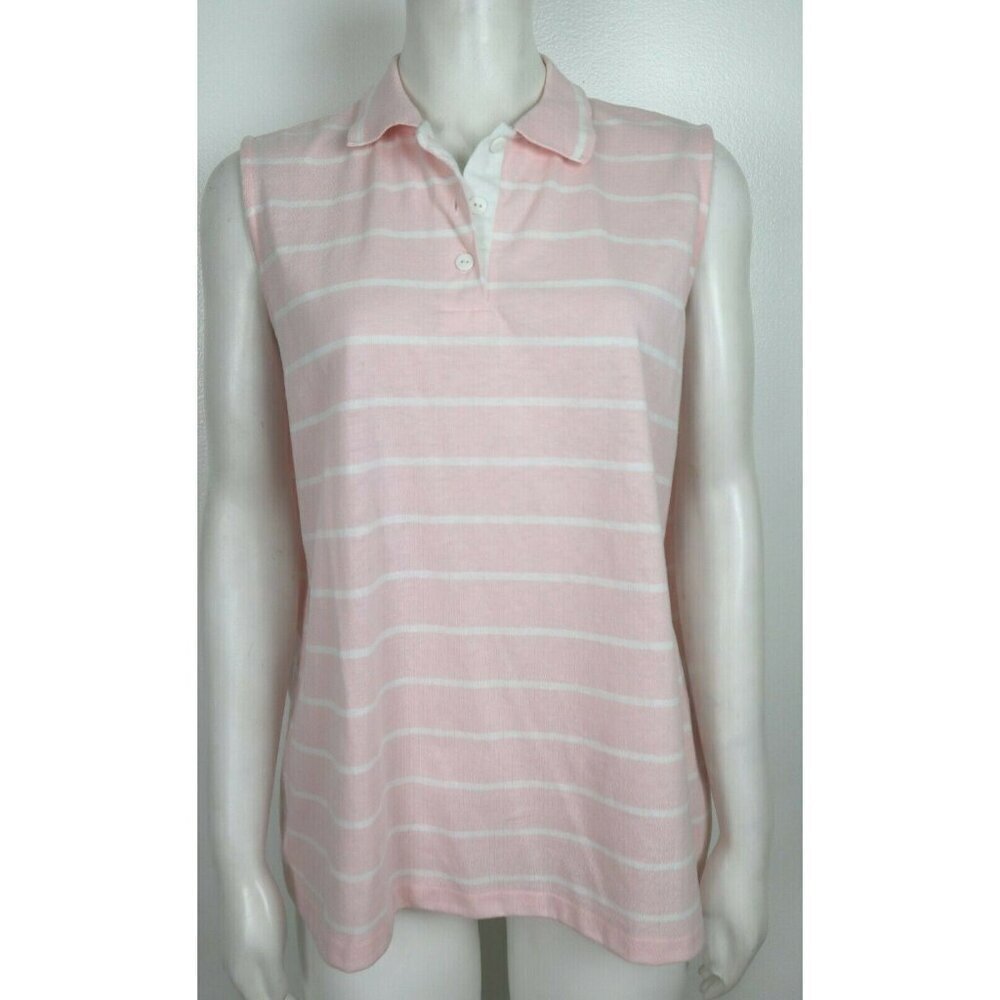 VINTAGE WOMEN'S LIGHT PINK STRIPED SLEEVELESS POLO SHIRT - CARRIAGE COURT - L